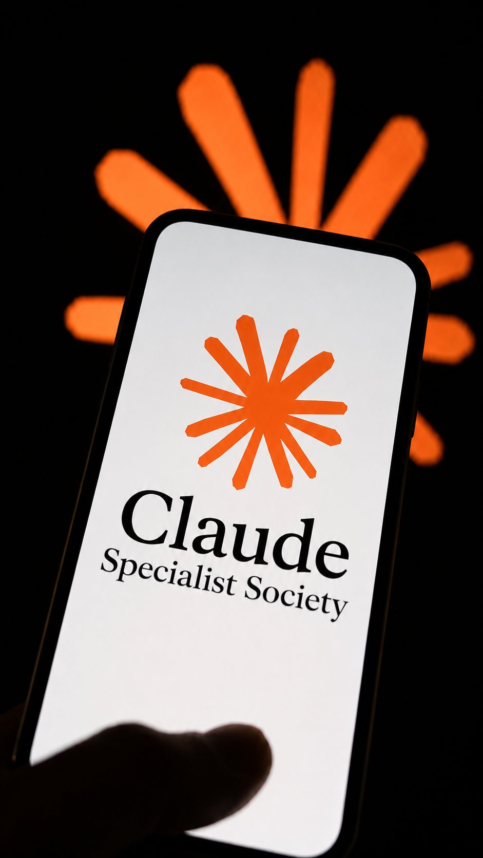 A phone showing the Claude Specialist Society logo